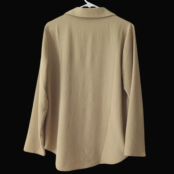 Michael Michael Kors Chain Accent Collared V-Neck Long Sleeve Blouse LARGE Tan - Picture 7 of 16